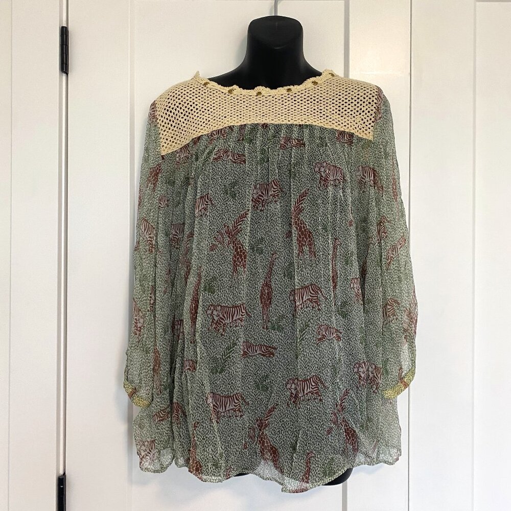 Handmade Animal Print Blouse Sheer Long Sleeve Shirt Top Size Medium / Large